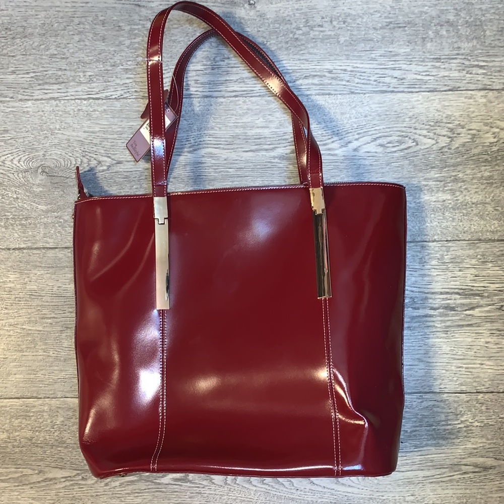 Mcklein USA Cristina Ruby Red gold Leather Tote with tablet pocket office bag